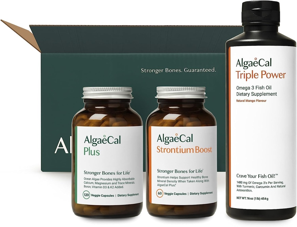 ALGAECAL Welcome Kit - Bone Builder Pack, Plant Based Calcium Supplement & Strontium, 16 nutrienti per Bone Health + EPA & DHA Omega 3 Fish Oil, Brain di supporto, Cuore, Pelle & Bones, Made in USA