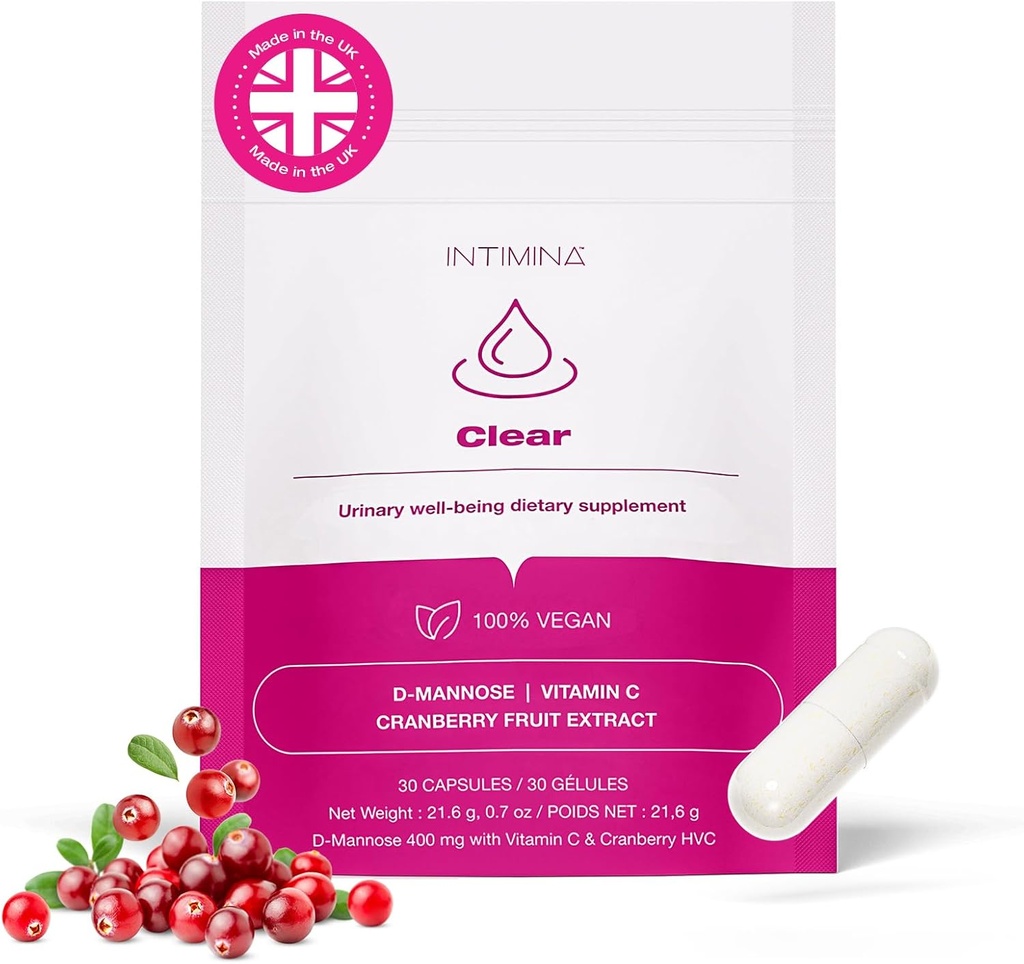 INTIMINA Clear - Integratori donna per la salute urinaria con estratto di mirtillo, D-mannose & vitamina C per la prevenzione e il benessere della vescica, integratori di controllo della vescica, supporto della vescica per le donne