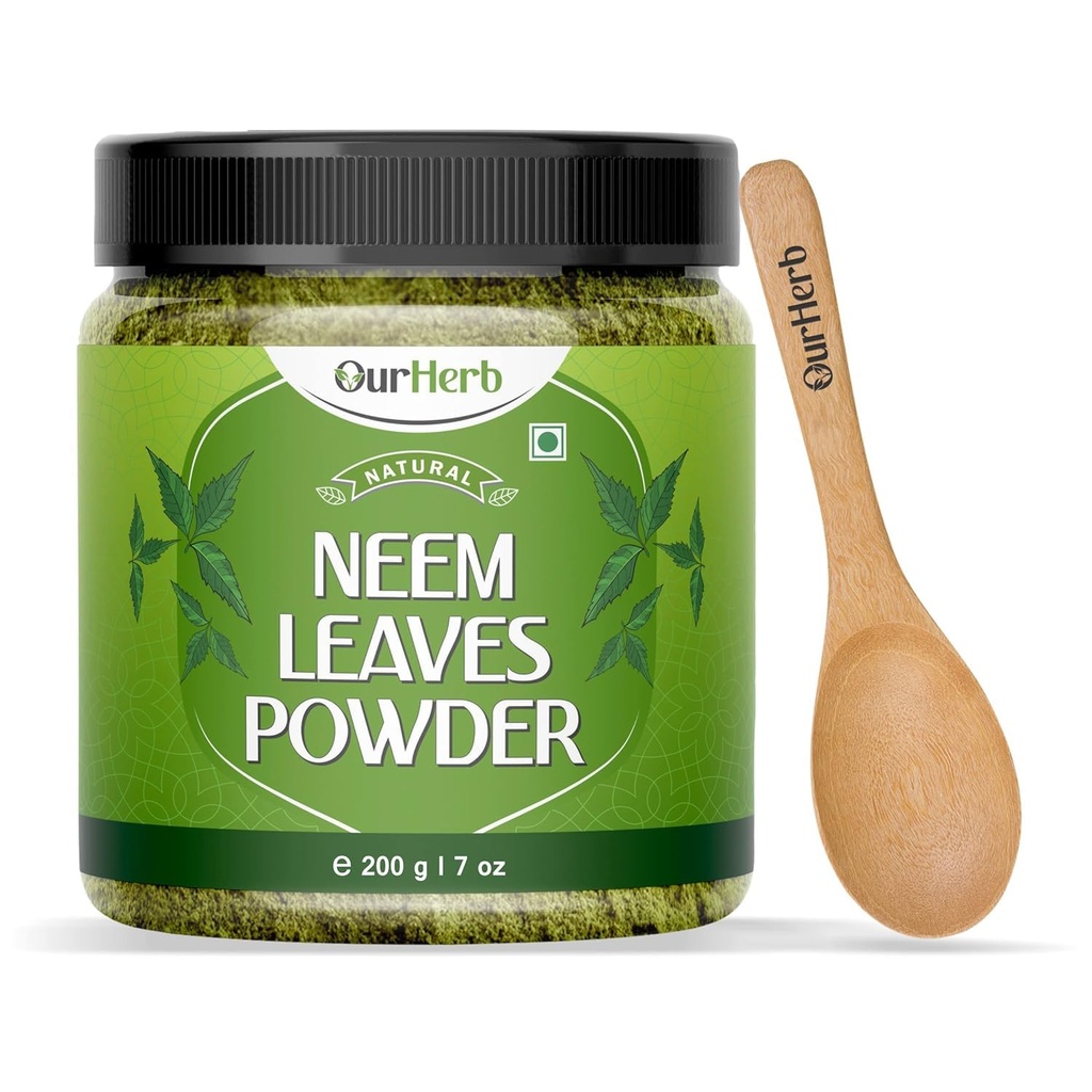 Pure Neem lascia la soluzione naturale della polvere per la pelle trasparente e i capelli sciolti, ideale per i pacchetti facciali, la cura dei capelli e il supporto di pigmentazione con lo spoon di legno – 200g | 7.04 Oz
