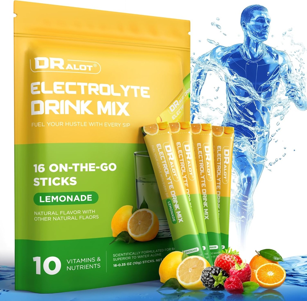 Polvere di elettroliti senza zucchero con aromi naturali, 3X pacchetti di idratazione rapida con 10 elettroliti e vitamine, liquido giornaliero IV, non OGM, senza glutine, Keto, Vegan, 16 Stick, limone