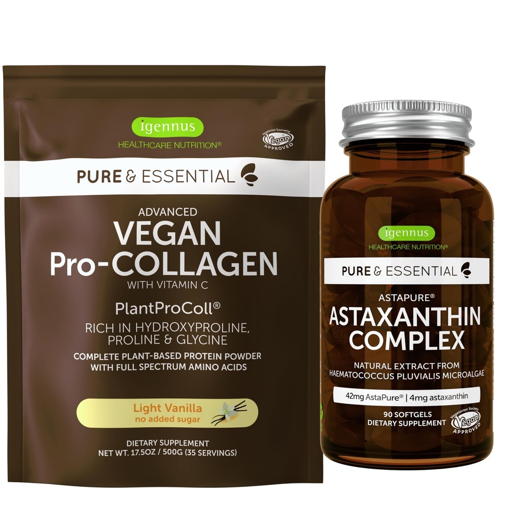 Vegan Vanilla Collagen Protein Powder + Astaxanthin Complex Vegan Bundle, Collagen Boosting Formula + Natural 4mg H. Pluvialis Astaxanthin per capelli, pelle e unghie, di Igennus