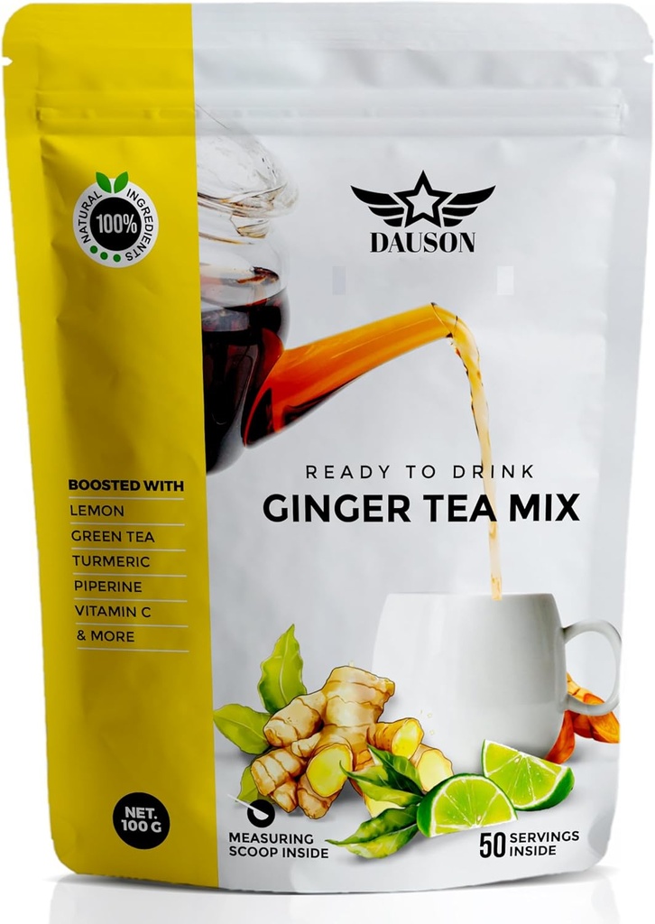 Ginger Lemon Herbal Tea Powder – miscela rinfrescante con liquirizia, curcuma, Decaf Green Tea, vitamina C – Caffeina-Free, Vegan, Gut-Friendly Detox Tea – 50 Serve