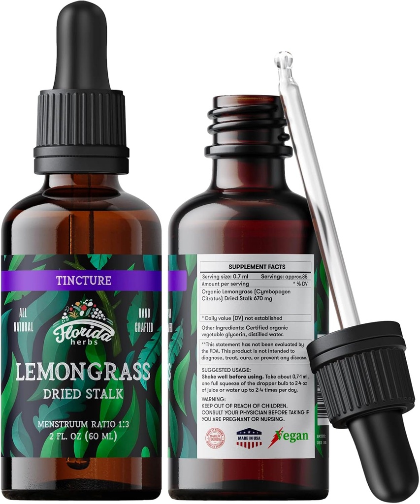 Tintura di citronella, Estratto di citronella organica (cimbopogon Citratus) Integratore di erbe, Non OGM in Glicerina vegetale organica a freddo, 700 mg, 2 oz (60 ml)