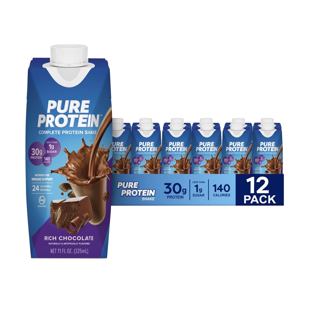 Proteine di cioccolato puro Shake, 30g Proteine complete, Pronti a Bere e Keto-Friendly, Vitamine A, C, D e E più Zinco per sostenere la salute immunitaria, 11oz Bottiglie, 12 Pack