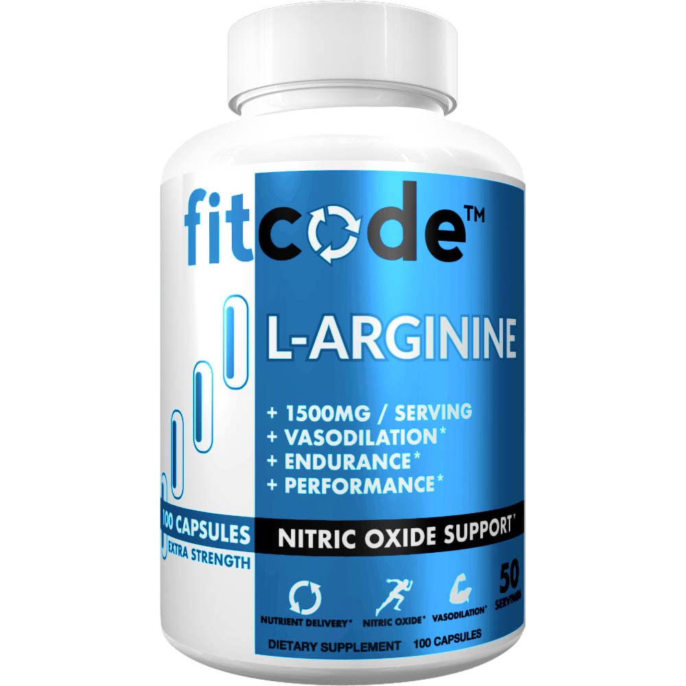 Fitcode Pure Extra Strength L-Arginina HCl 1500mg, Nitric Oxide Supplemento per la vascolarità, pompe, resistenza, prestazioni, crescita muscolare, energia, potente N.O. pompe muscolari (50 Serve)