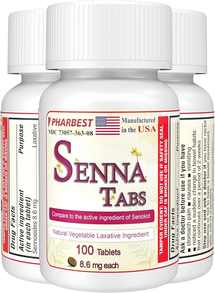 Senna Tablets 100 Ct. | Lassativo vegetale naturale [Made in USA] | Lassativi per la costipazione, Pulitore di colon, Detox Cleanse, Rilievo di costipazione per adulti bambini 8.6mg, Sgabello Softener Plus (1 Bottiglia)