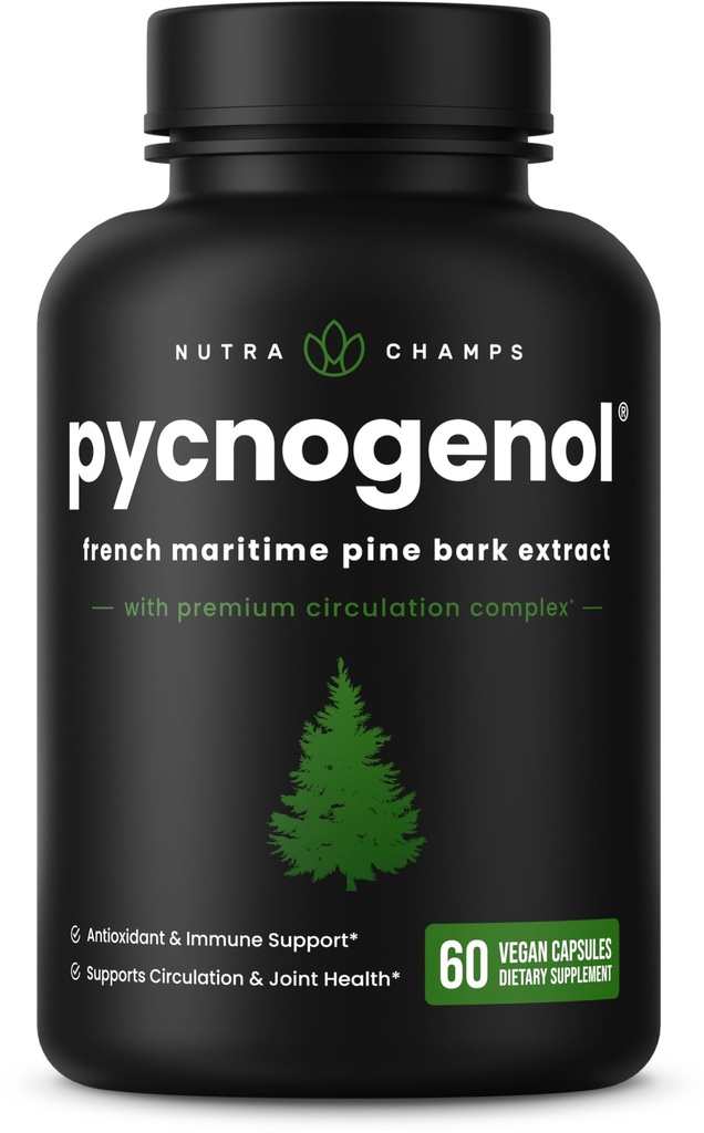 NutraChamps Pycnogenol French Maritime Pine Bark Extract, Premium Circulation Complex, Blood Flow, Nitric Oxide Production, Assorbimento Superiore, Risultati con Black Pepper Extract, 60 Capsule