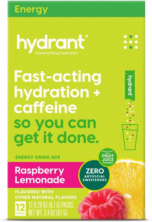 Hydrant - Energy Electrolyte Powder, Raspberry Lemonade Flavor, 12 Caffeine & L-Theanine Energy Rehydration Stick Packs - Polvere di riduzione di zucchero basso per uso quotidiano