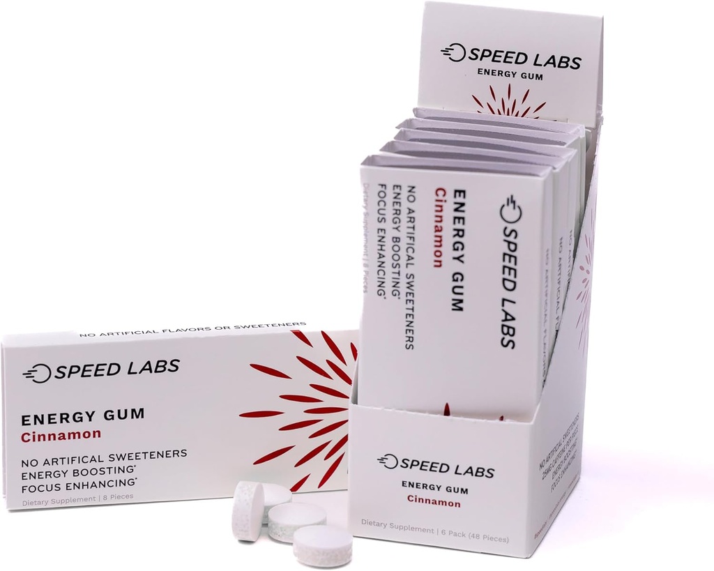 VelocitÃ Labs Cinnamon naturale Caffeina Energy Gum 25mg Caffeina, Taurina, B Vitamine per Pezzo, 48 Pezzi (6 Pacchetti di 8) Zucchero gratuito, Calorie Zero, naturalmente addolcito, senza glutine