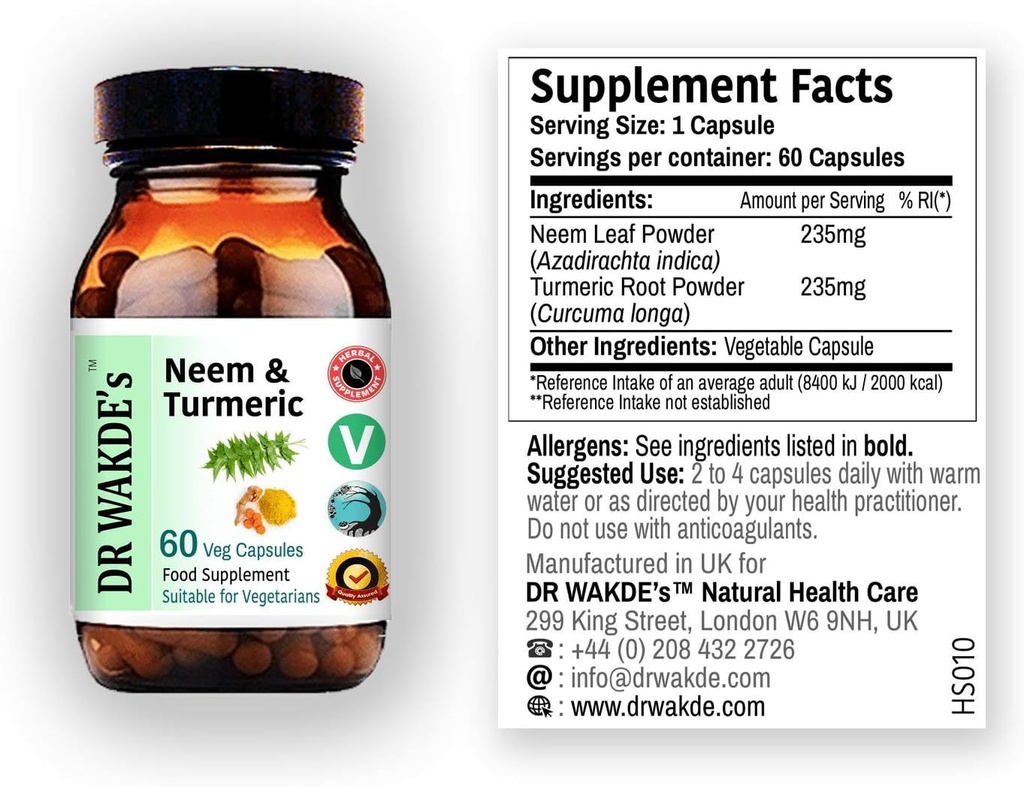 DR WAKDE's Neem & Turmeric Capsules | 60 Veg Caps | Ayurvedic Supplement | Vegan | 100% Herbal | Quantità Sconti | Same Day Dispatch