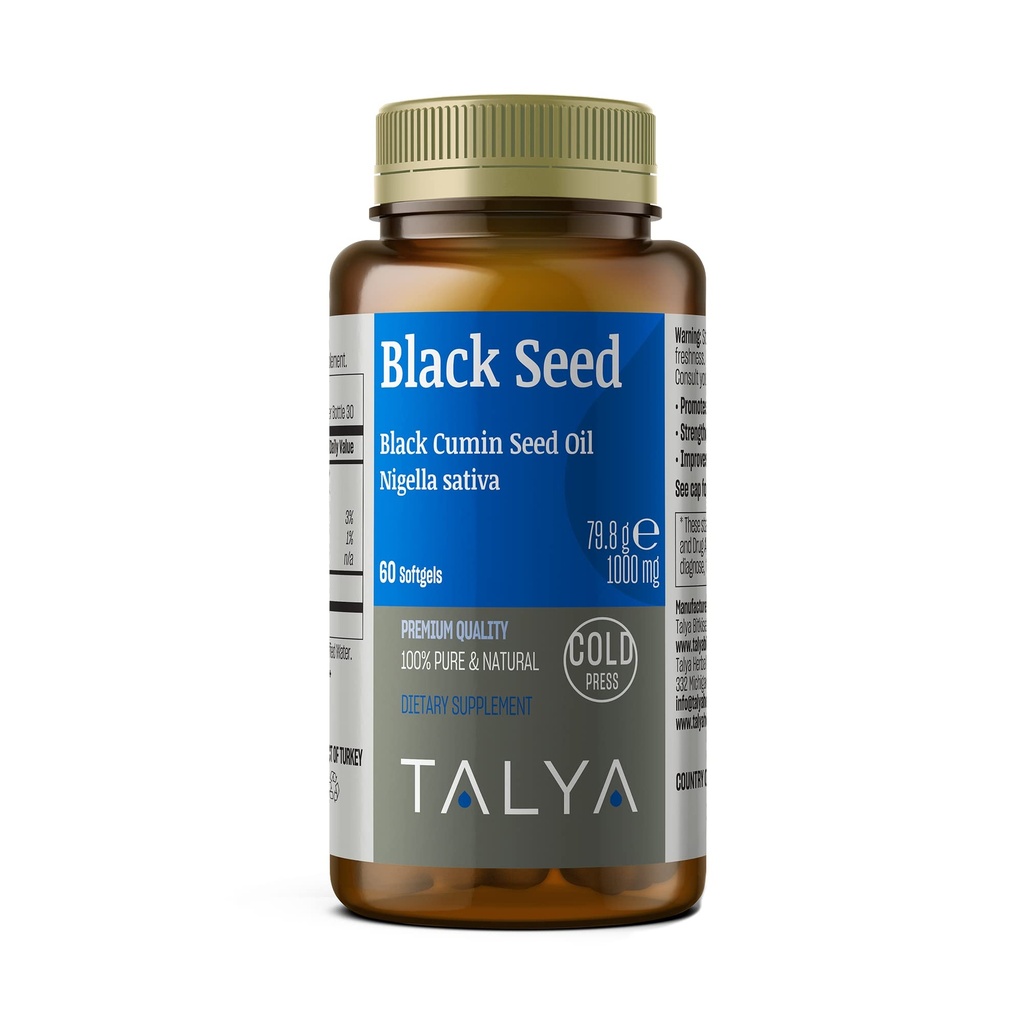 TALYA Black Seed Oil Softgel con Alto Thymoquinone - Supporto Immune - Salute Digestiva - Funzione cerebrale - Mobilità congiunta - Presseduto a freddo dalla Cumin Nero Non OGM Nigella Sativa Seeds