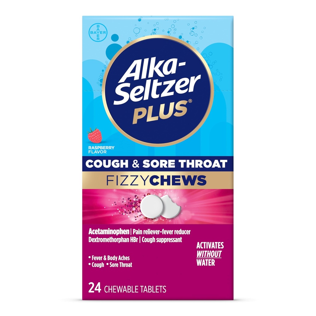 Alka-seltzer Plus Cough & Sore Throat Fizzy Chews, Nessuna acqua necessaria, Sulla Go Sore Throat Relief per adulti, Raspberry Flavor, 24 Conte