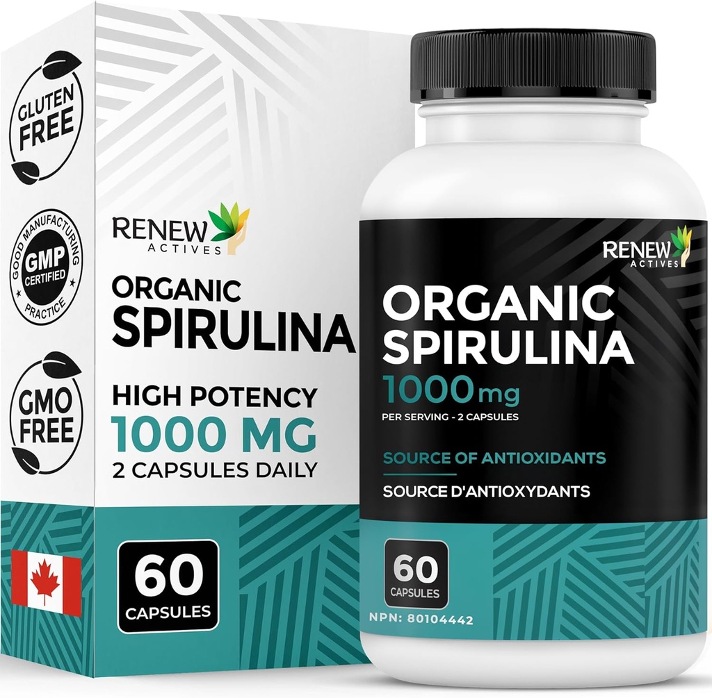 Renew Actives Organic Spirulina 1000MG per 2 capsule – Superfood per uomini e donne – Supporta energia, benessere e funzione immunitaria – Ricco di antiossidanti e nutrienti – Made in Canada – 60 capsule