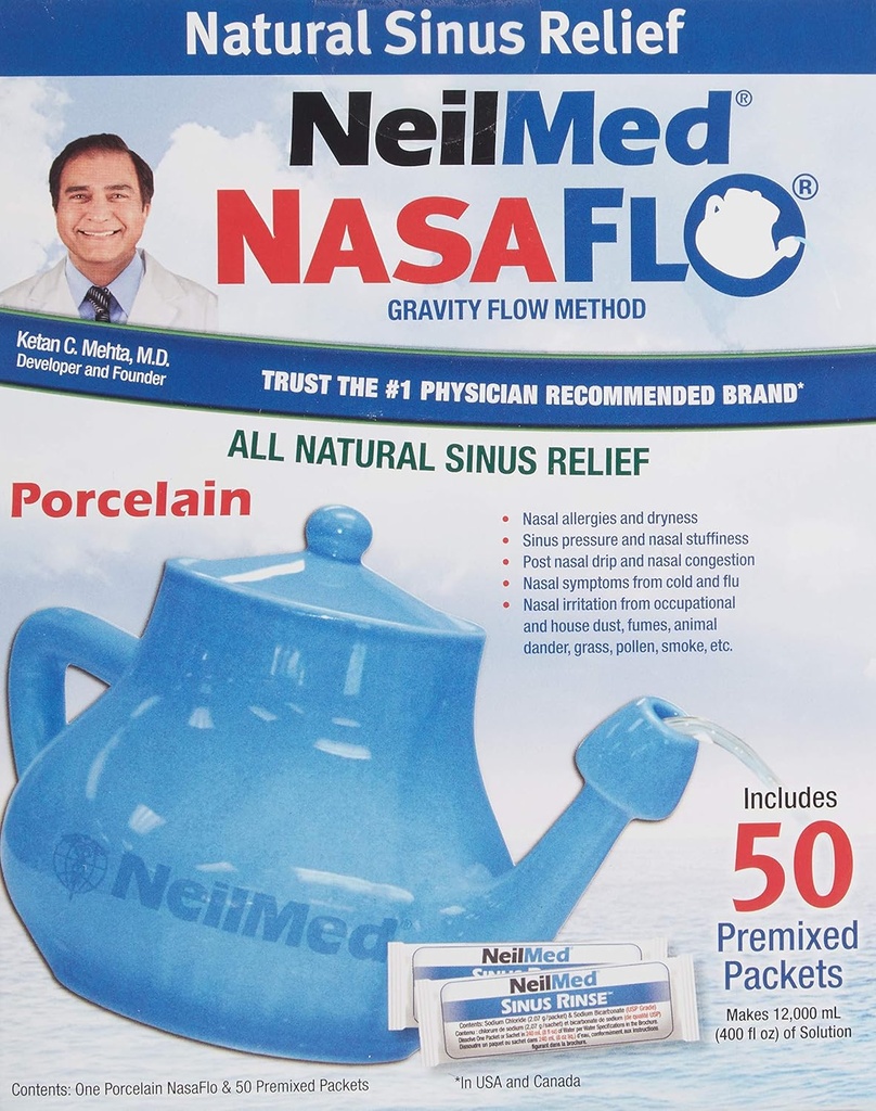 NeilMed Nasaflo Porcelain Neti Pot, 50 Count (il pacchetto può variare)