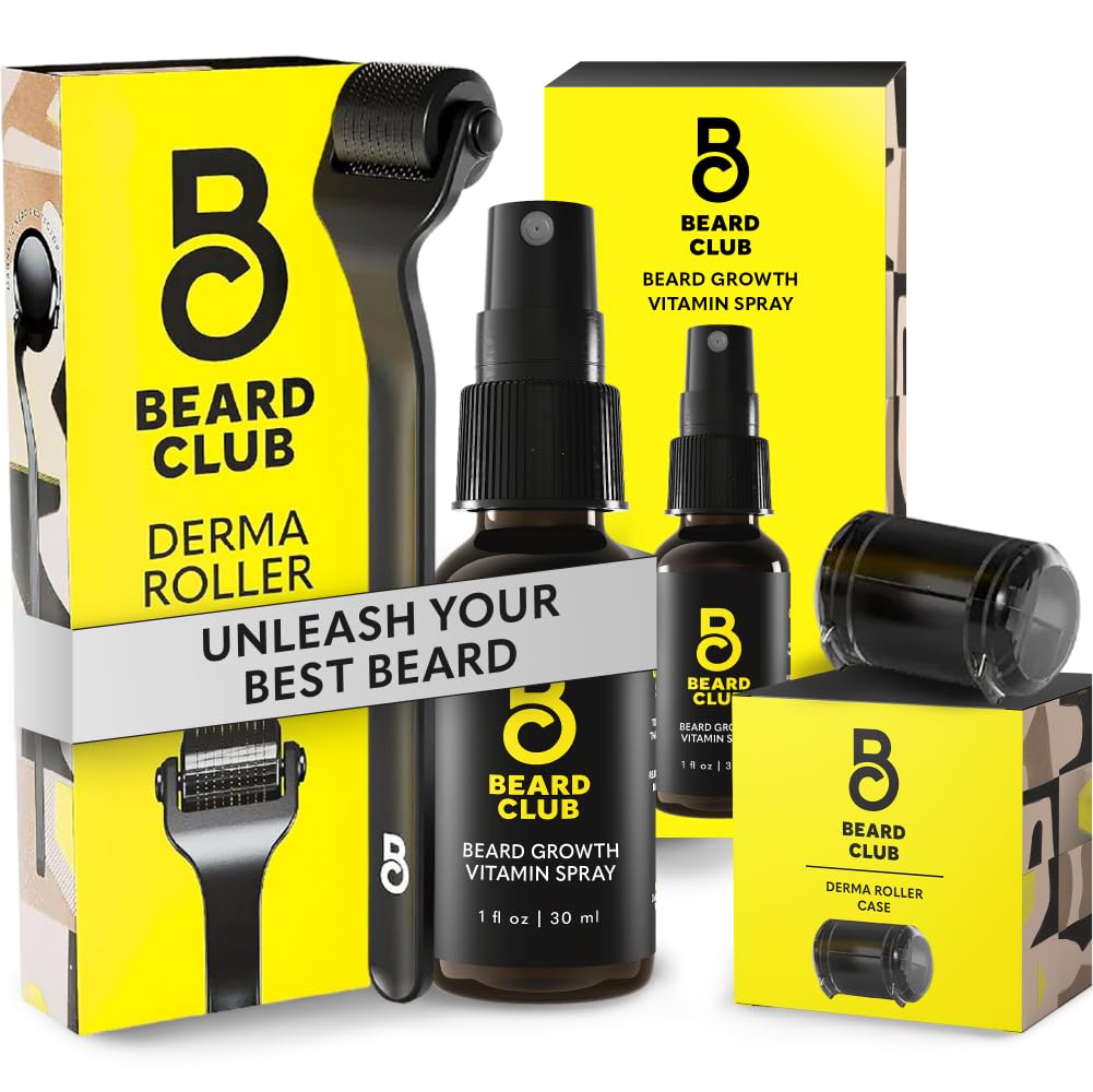 Beard Club Premium Derma Roller & Biotin Beard Growth Vitamin Spray - Rullo Microneedle per Uomini e Donne con 540 Microneedles Titanium - Rullo del cuscinetto & Olio del cuscinetto per viso, corpo e scala