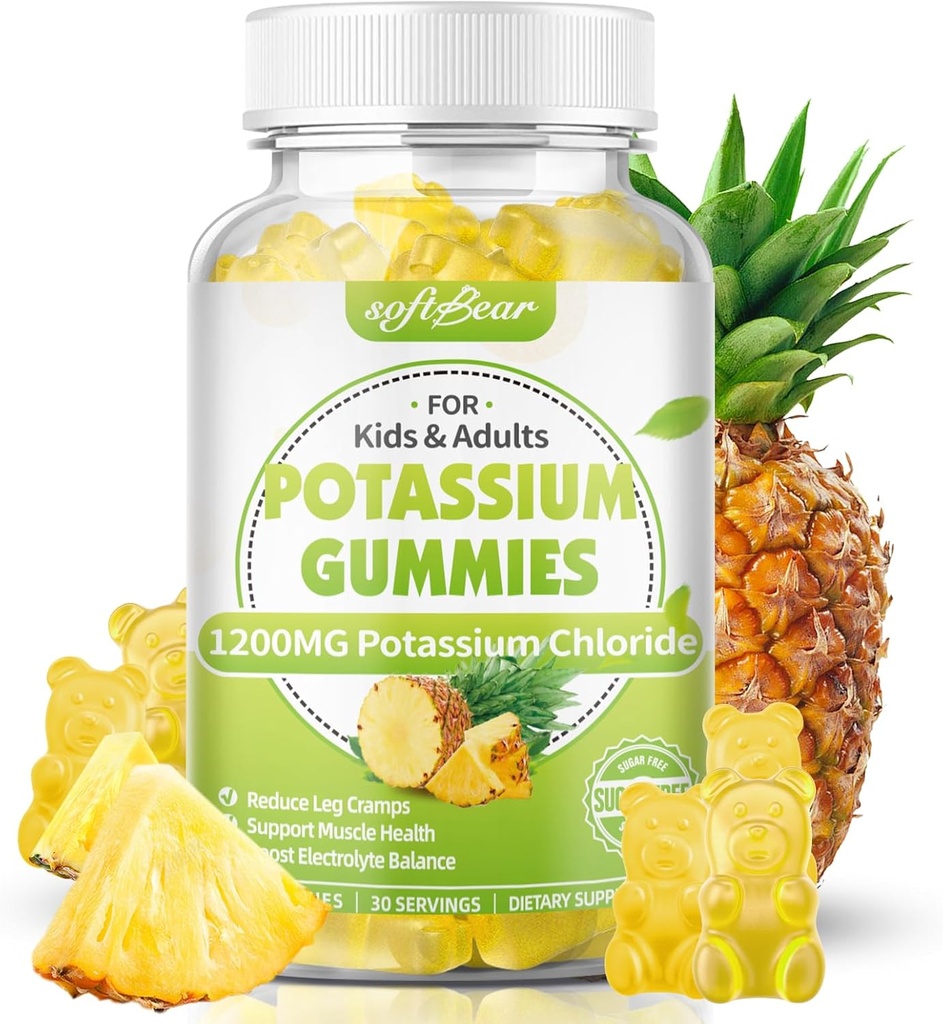 Softbear Potassium Chloride Gummies 1200mg, Zucchero-Free Potassium Gummies per adulti Supporto Gambe Gambe ad alta potenza Potassium Chloride Supplement, Ananas Flavor 60 Count