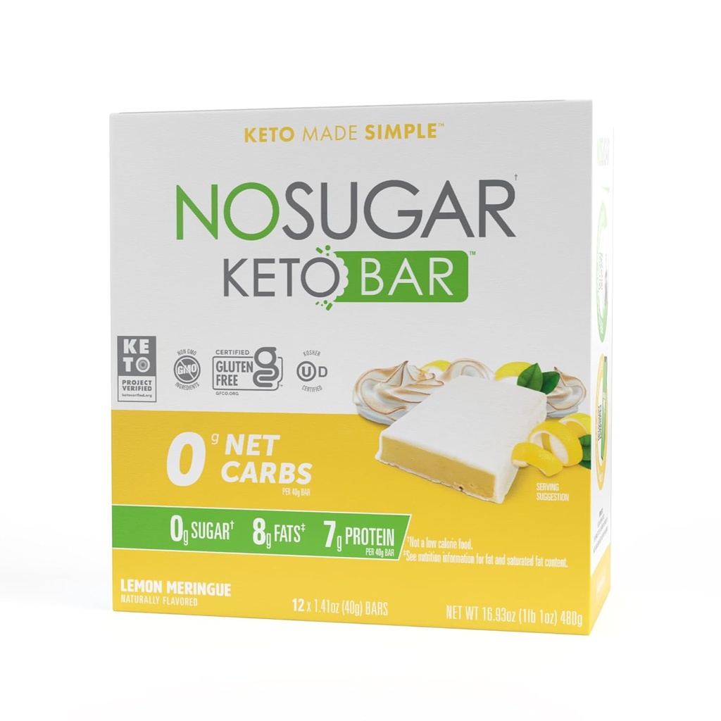 No Zucchero Keto Bar Snacks - Limone Meringue Flavor - Basso Carburo No Sugar Keto Snack Bar con Keto Friendly Macros, 0g Carburante Net, 7g Proteine a base vegetale, 8g Grasso sano, Zucchero Libero (0g) - 12 Bar