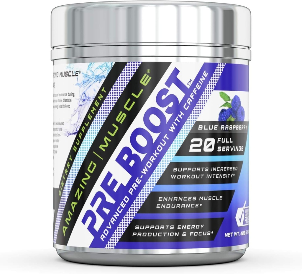Incredibile Muscolo Pre Boost Formula con supplemento di caffeina | 20 Serve per contenitore | Blue Raspberry Flavor