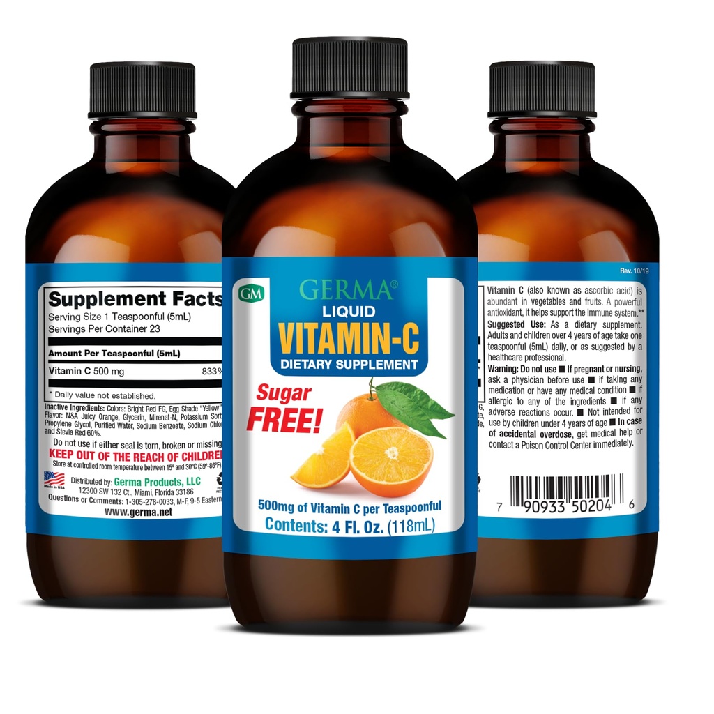 Germa senza zucchero vitamina C. 500 mg. Supplemento dietetico ad assorbimento rapido. Sistema immunitario Booster. 4 oz / 118ml