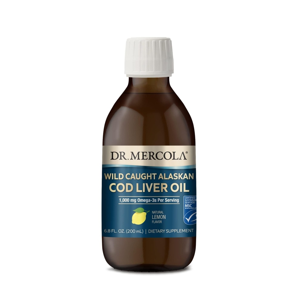 Dr. Mercola Wild Caught Alaskan Cod Liver Oil, 6.8 Fl. Oz. (200 mL), 40 Servings, 1.000 mg Omega-3s Per Serving, Integratore alimentare, Supporti cervello e funzione cognitiva, Non-GMO, Certificato MSC
