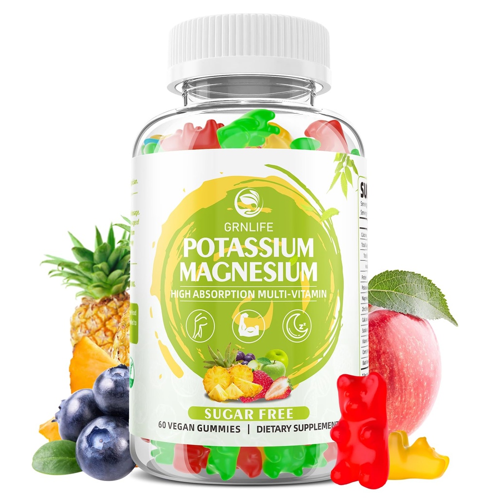 Gummie di Magnesio di potassio, Gummie di potassio per bambini adulti, Glicinato di Magnesio ad alto assorbimento per Crampe di gambe e salute immunitaria, Senza zucchero, Sapori misti vegani, 60 Conte