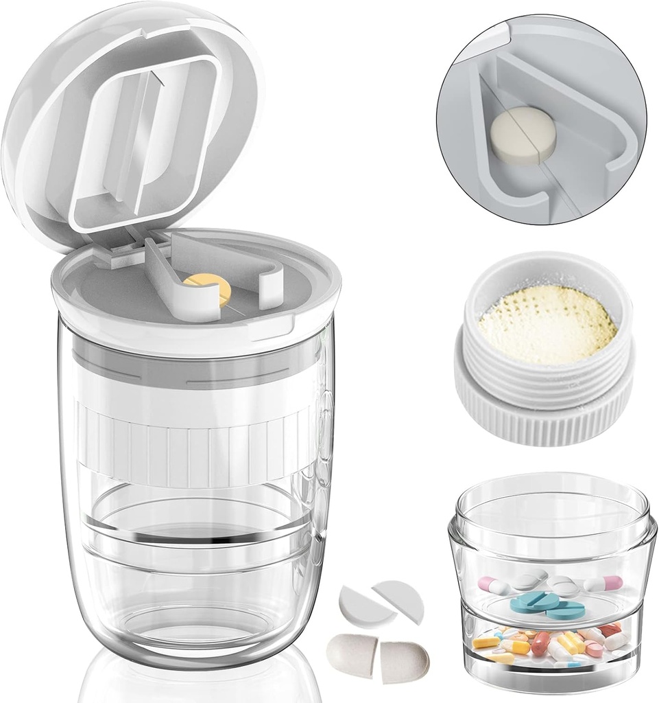 White-1 Pill Splitter e Cutter, Crushes Tablet, Vitamine, Lama in acciaio inossidabile, Coppa di bevanda rimovibile