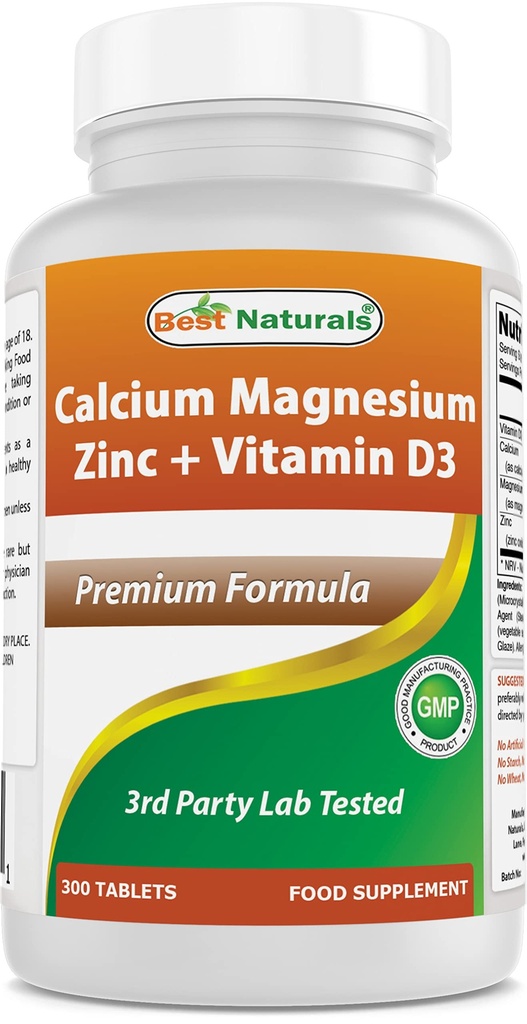 Best Naturals Calcio Magnesio Zinco con Vitamina D3, 300 compresse - Calcio 1000 mg, Magnesio 400 mg, Zinc 25 mg & D3 600 IU per Serving (3 compresse)