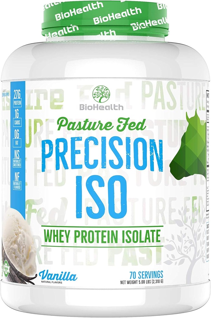 BioHealth Nutrition Precision ISO Vanilla (5lb) | 27g Premium Pasture Fed Whey Protein Isolate + Aminoacidi | 70 Serve | Zero Sugar | GMO Free