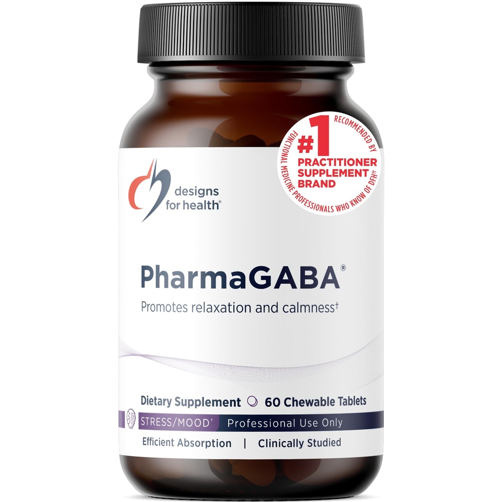 Design per la salute PharmaGABA Chewable Supplement - 200mg Biodisponibile GABA Supplemento per Stress, Mood, Immune Health & Sleep Support - Vegan, Gluten Free & Non-GMO (60 compresse)
