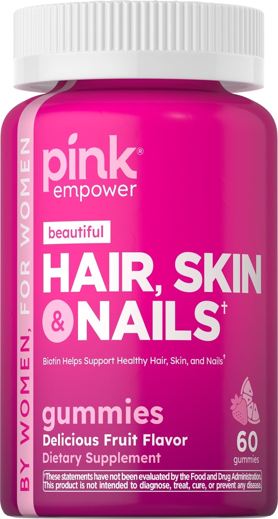 PINK Hair Skin Nails Gummies | 60 Count | Plus Collagen & Biotin | Non-GMO & Gluten Vitamine Gratuite per Donne | Fragola Flavor