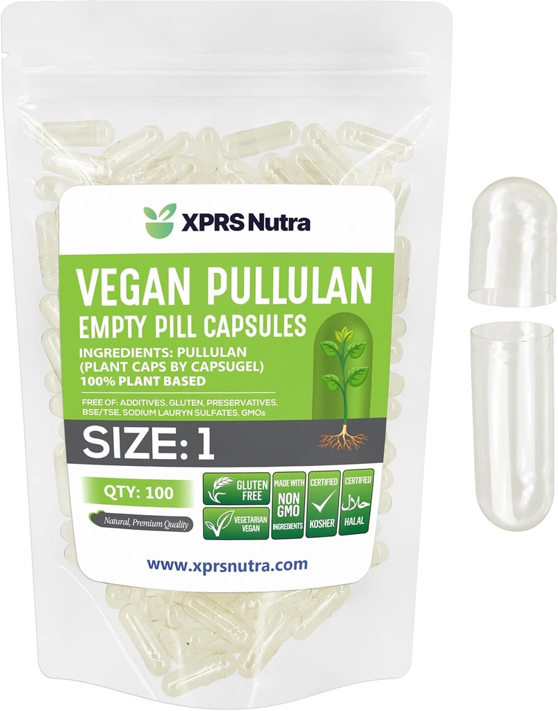 XPRS Nutra Size 1 Pullulan Empty Capsule - 100 Count Clean Label Plantcaps Clear Empty Vegan Capsule - Pillole Vegetariane Premium - Do-It-Yourself Verdura Capsule Filling