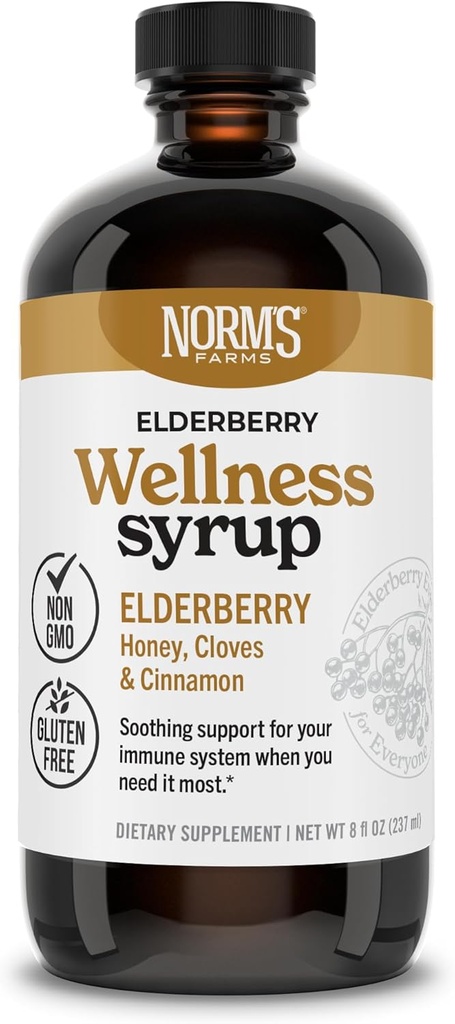 Norm's Farms Wellness Black Elderberry Syrup with Honey, Cinnamon & Cloves - Made in Italy, Natural Immune Support, No Alcohol or Fillers, Gluten-Free, Non-GMO, Vegan, Pure Elderberry Juice Syrup - 8 Oz