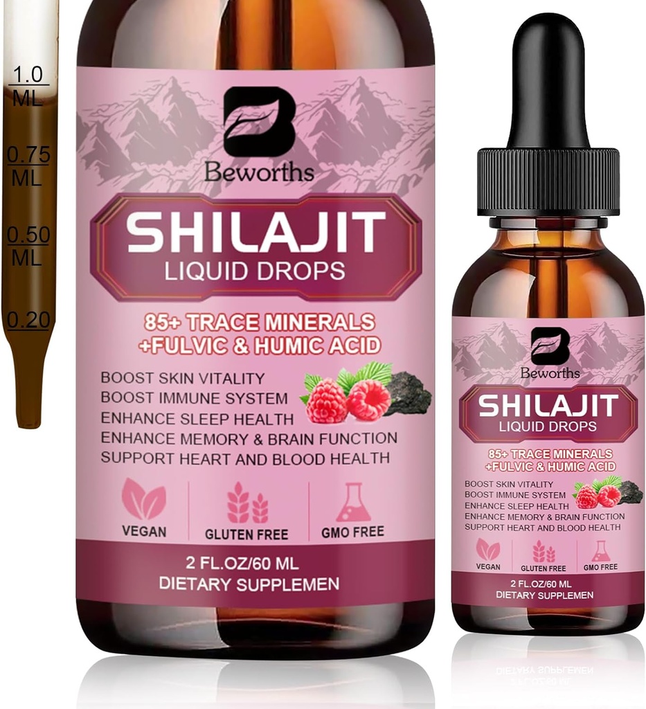 Shilajit Resina Liquid Drops | Organic Shilajit 85+ Trace Minerals Complex with Ashwagandha, Turmeric, Ginseng, Chaga Supplement for Digestion Support, Energy Booster - Vegan