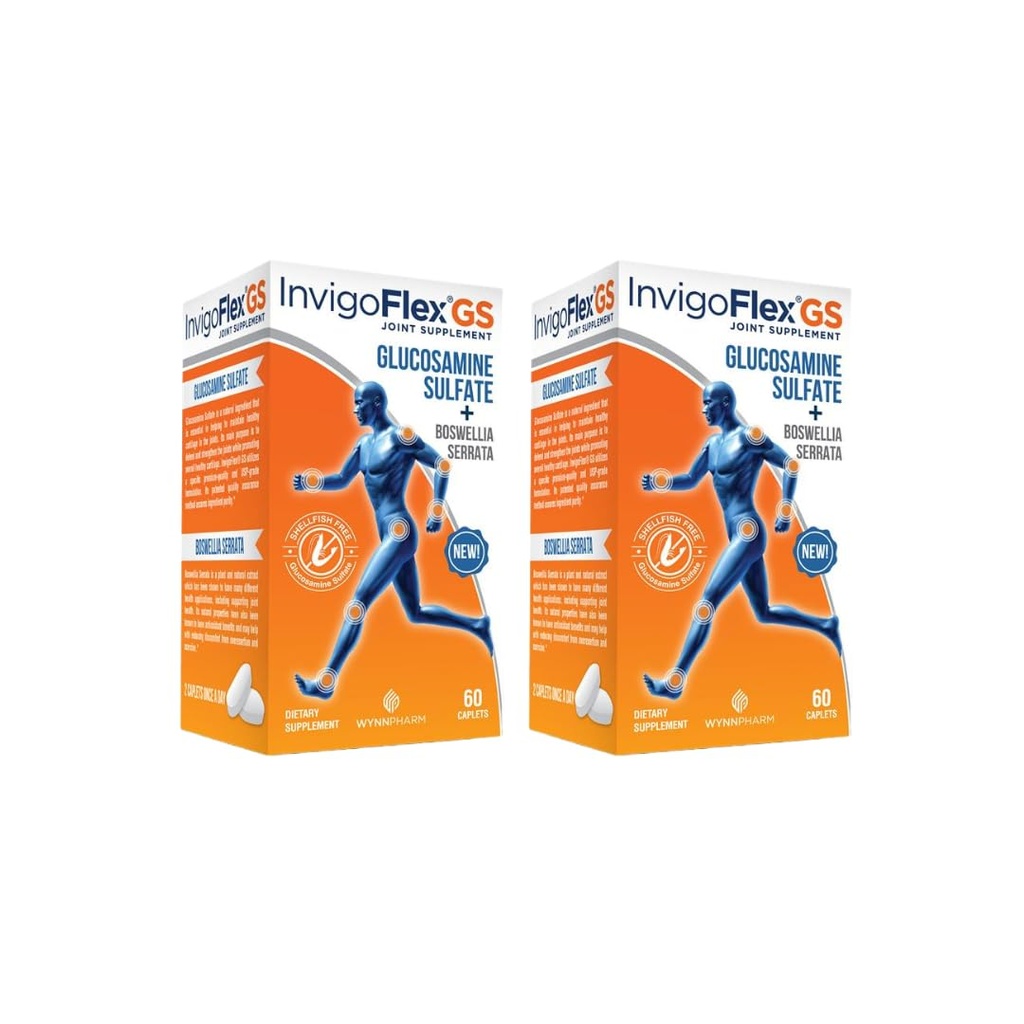 INVIGOFLEX Glucosamine Sulfate (Shellfish Free, Sodium Free & Vegetarian Safe) Non OGM, Gluten Free - con Boswellia Serrata - Premium Joint Supplement GS - 2 Pack