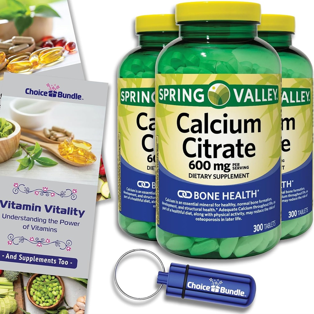Citrato di calcio della valle della primavera Compresse Integratore alimentare 600 mg 300 Ct 3 pk Scelta Bundle (900 Totale) + Guida alla vitamina & Pill Container (5 voci)!