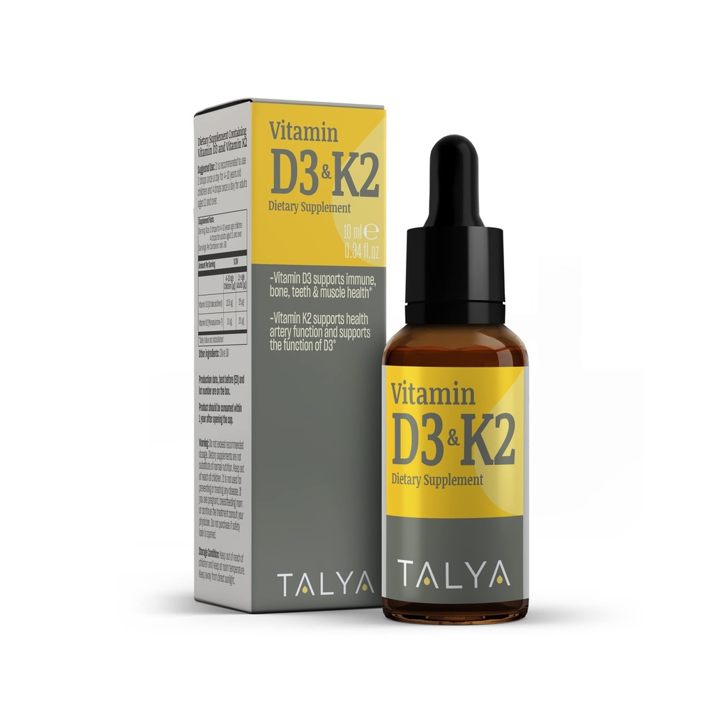 TALYA Vitamin D3 & K2 | Vitamina liquida D3 con K2 Gocce | 1000 IU | Supporto immunitario - Aiuta a sostenere ossa forti & cuore sano | Non-GMO | Vegan | 60 Serve, 0.34 fl.oz