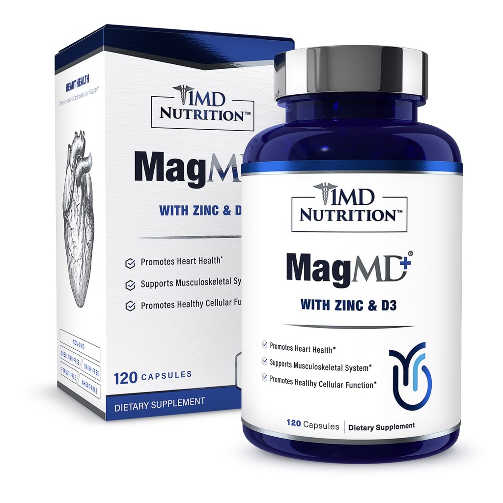 1MD Nutrition MagMD Plus - Magnesio con zinco e D3 | Promuove la salute del cuore, Supporta la forza del muscolo e della ossa, e aiuta il sistema immunitario - 120 Ct