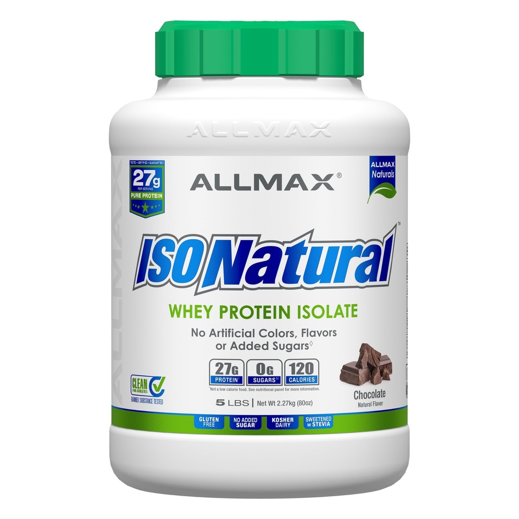 ALLMAX ISONATURALE Isolato proteico di siero, Cioccolato - 5 lb - 27 Grammi di Proteine Per Scoop - Zero Fat & Sugar - 99% Lattosio Libero - con Prebiotici - No Sapori artificiali - Circa 73 Serve