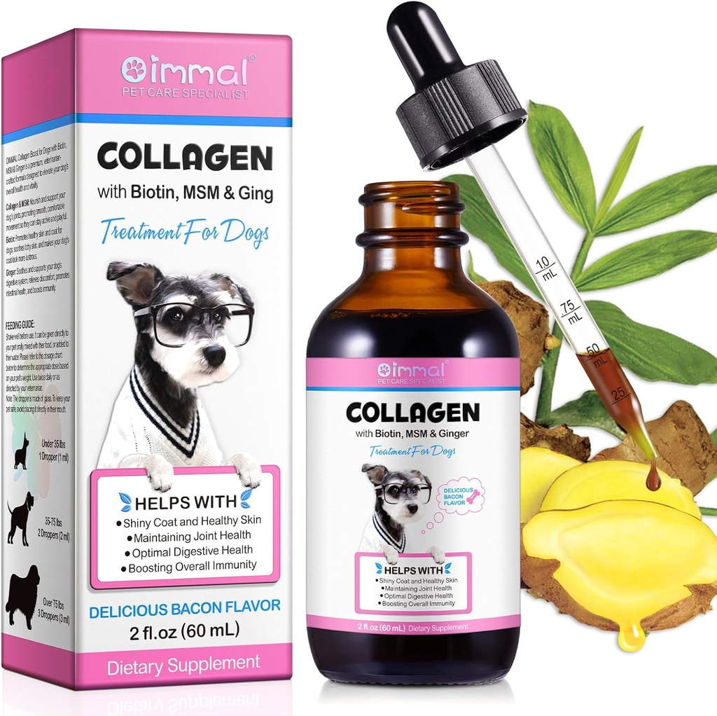 Collage per cani, collagene liquido per cani, gocce di collagene liquido per cani, collagene con biotina, trattamento MSM & Ginger per cani, supplemento di pelle e cappotto per cani, collagene per cani 60ml