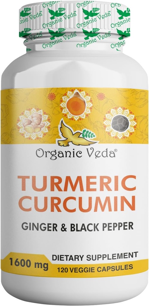 Organic Veda Turmeric e Ginger Capsule 120 Pillole - Curcumina Turarchica Organica con Pepe Nero per Supporto Giunto - Non OGM, Gluten Free, Turmeric e Ginger Supplement (95% curcuminoids)