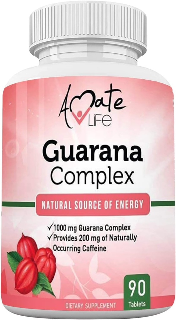 Amate Life Guarana Complex - Guarana Complex Energizer - Caffeina Integratore Energizzante - Fonte di Energia - Aumentare le Funzioni Mente Supplemento - 1000mg di Guarana - 90 compresse