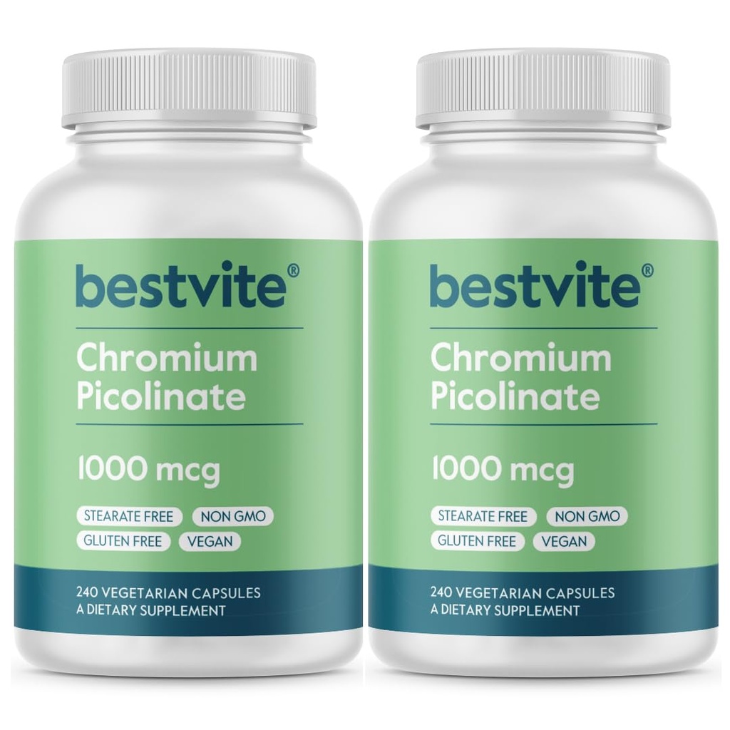 BESTVITE Cromo Picolinato 1000mcg (480 capsule vegetariane) (240 x 2) - No Stearates - No Dicalcium Phosphate - Vegan - Gluten Free - Non OGM