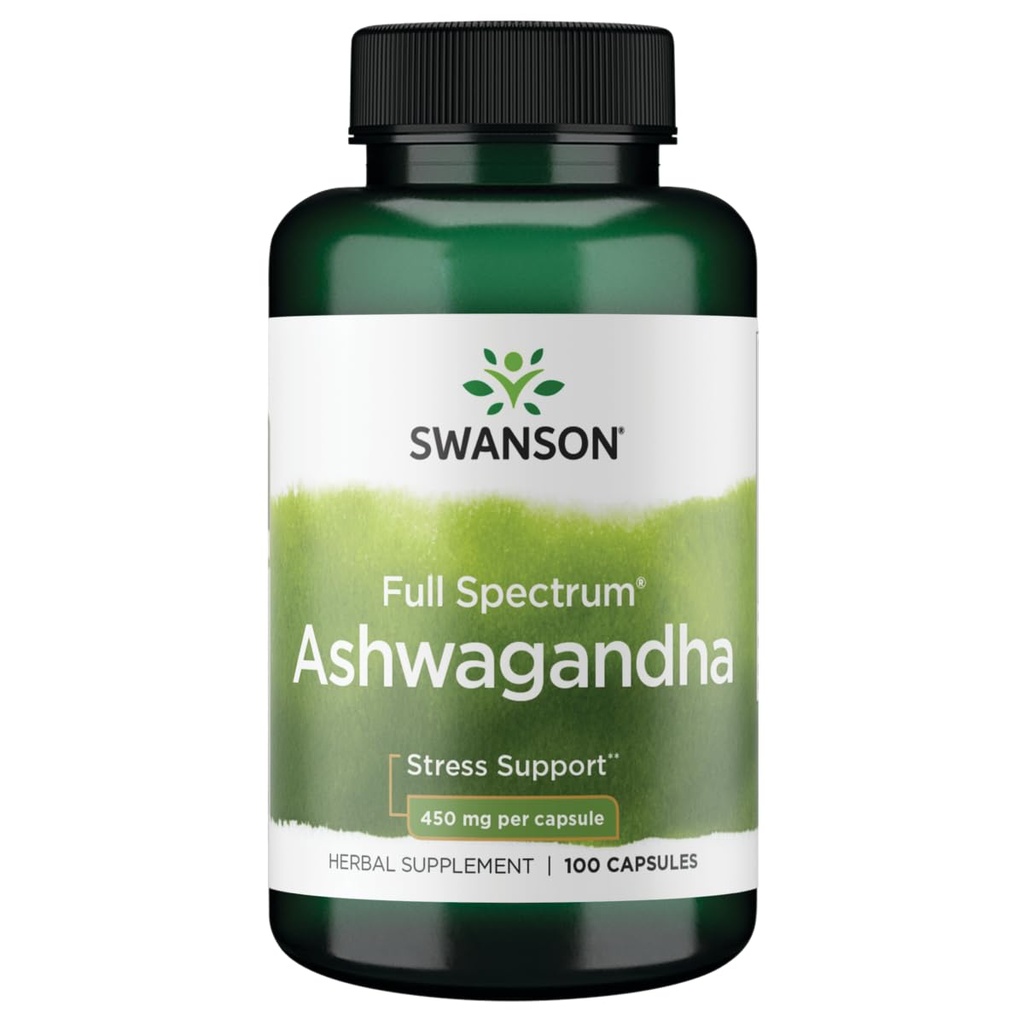 Swanson Ashwagandha Powder Supplement - Ashwagandha Root & Aerial Parts - promuove Stress Relief & Energy - Integratore ayurvedico per il benessere naturale (100 capsule, 450 mg ogni)