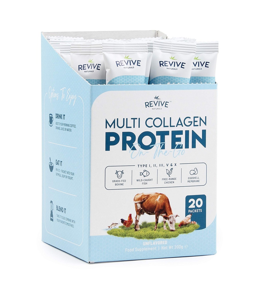 Multi Collagen Protein Powder Packets - Tipi I, II, III, V & X - Bovina a base di erba idrolizzata, Pesce a pecorino selvatico, & Collagene di pollo e uova di rana libera. Non OGM, Halal, (10g ciascuno, 20 pacchetti)