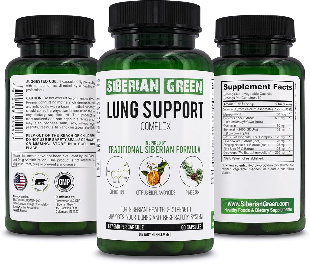 Siberian Green Lung Support Complex 60 Capsule - Integratore Tradizionale Formula Ricco in Quercetina, Citrus Bioflavonoidi, Pine Bark