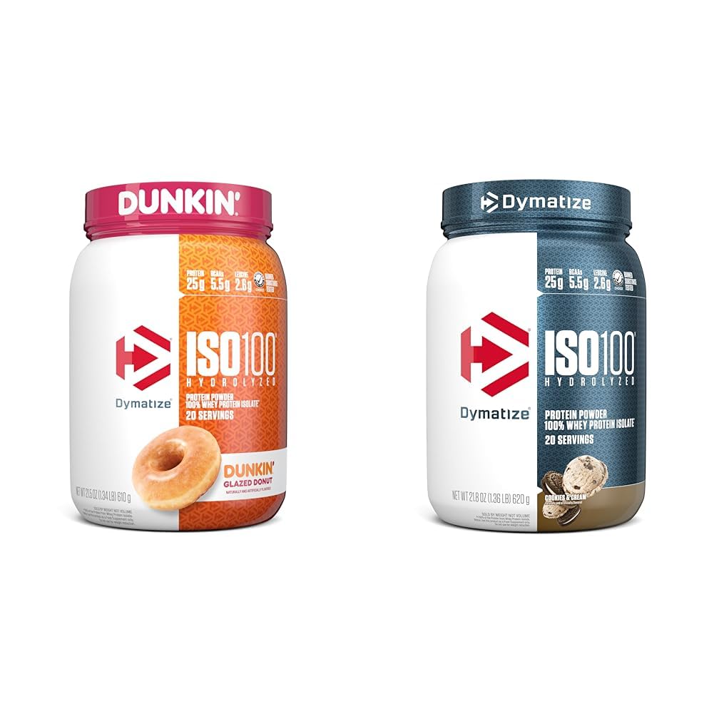 Dymatize ISO100 Polvere di proteine idrolizzate, Isolato di siero al 100%, Sapore di ciambella smaltata di Dunkin, 20 porzioni & ISO100 polvere di proteine idrolizzate, proteine isolate al 100% di siero di latte, 25g di proteine, 5.5g BCAA
