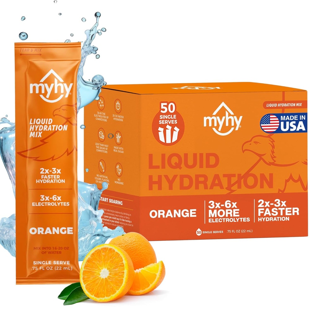 MyHy Liquid Hydration Packets, Electrolyte Drink Mix per Adulti & Kids Hydration Support, Rilievo di disidratazione per viaggi, gravidanza, fitness, Bachelor & Bachelorette Party – Arancione, 50 Conte