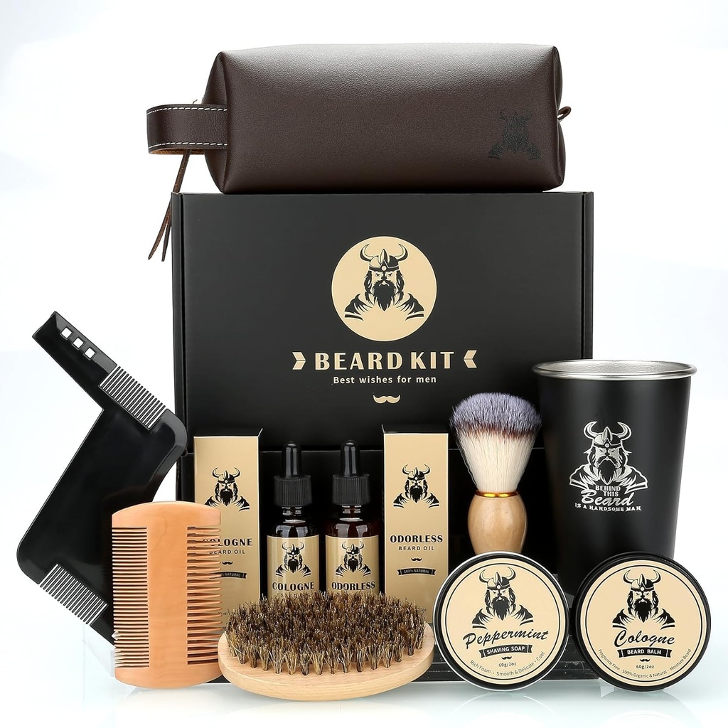Regali per gli uomini, Regali di compleanno del padre per gli uomini di papà, Set completo di Grooming & Trimming, Kit di cura del cuscinetto con 2 Beard olio di crescita/Balm/Brush/Comb/Shaving Soap/Cup&Storage Bag