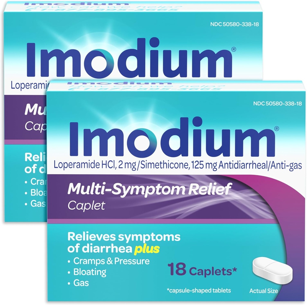 Imodium Multi-Symptom Relief Caplets con Loperamide cloridrato e Simethicone, Anti-Diarrheal Medicine per il trattamento della diarrea, gas, Bloating, Cramps & Pressure, 2 Pack