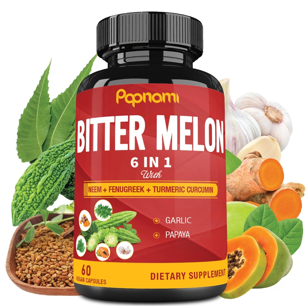 Estratto di Melone Bitter Organico - 60 pillole 2 mesi - Neem combinato, Fenugreek, Curcumina, Aglio & Papaya